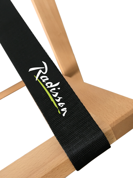 Luggage rack of natural beech wood with embroidered strap for hotels