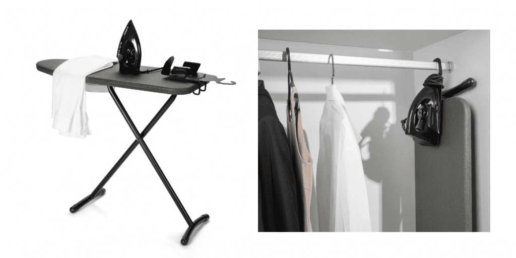Ironing station SMOOTH-dry from B-TRAY with dry iron and iron holder with hook for easy storage in a closet