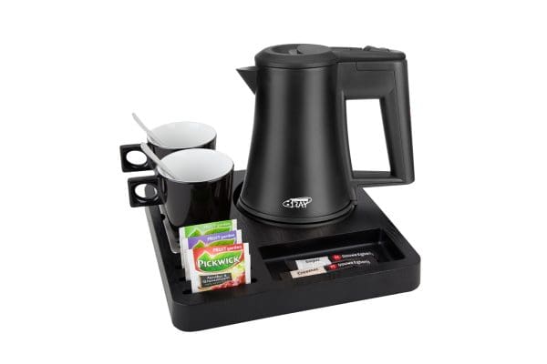 Compact tea tray of black ABS plastic with wood structure