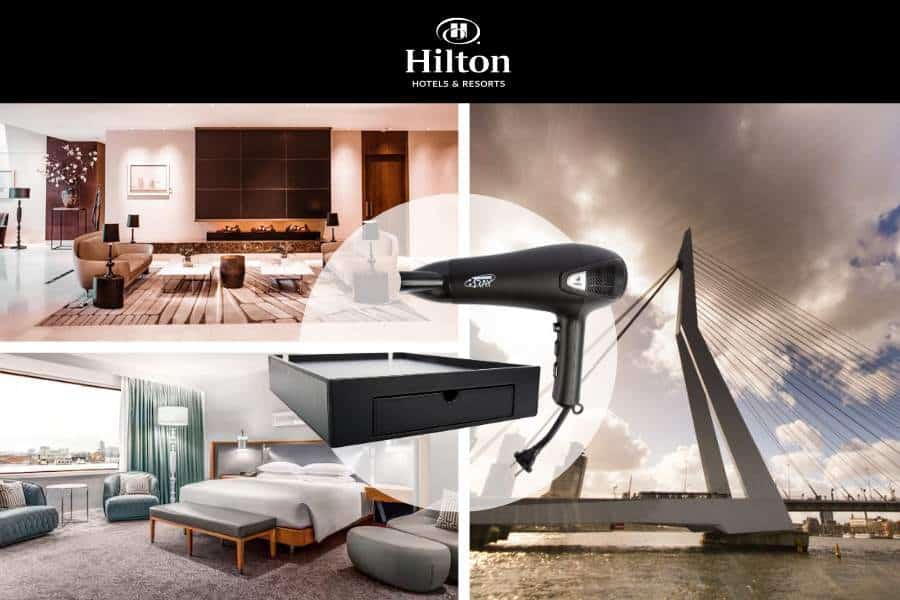 Black hospitality tray and hair dryer from B-TRAY at Hilton Rotterdam