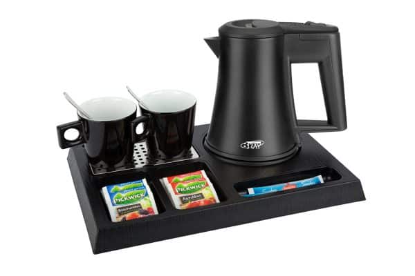 Black ABS hospitality tray with black 0.5 litre kettle and cups