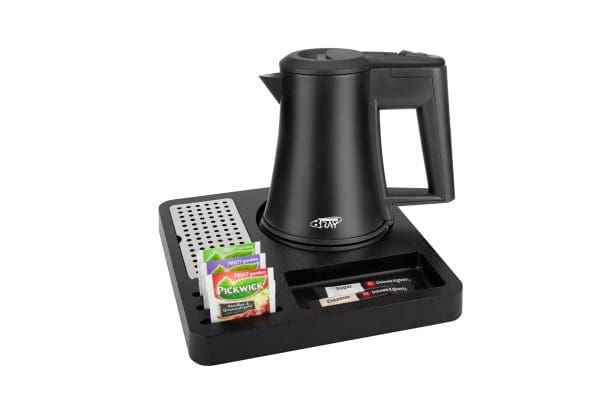 Black compact tea tray with black hotel water kettle and drip tray