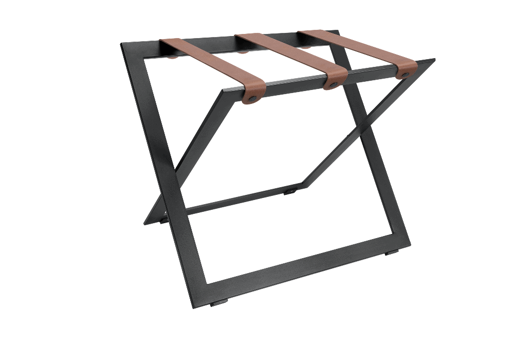 Black steel suitcase stand with brown leather straps