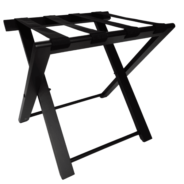 Budget luggage rack made of high-quality beech wood in black colour with 4 black straps of strong nylon