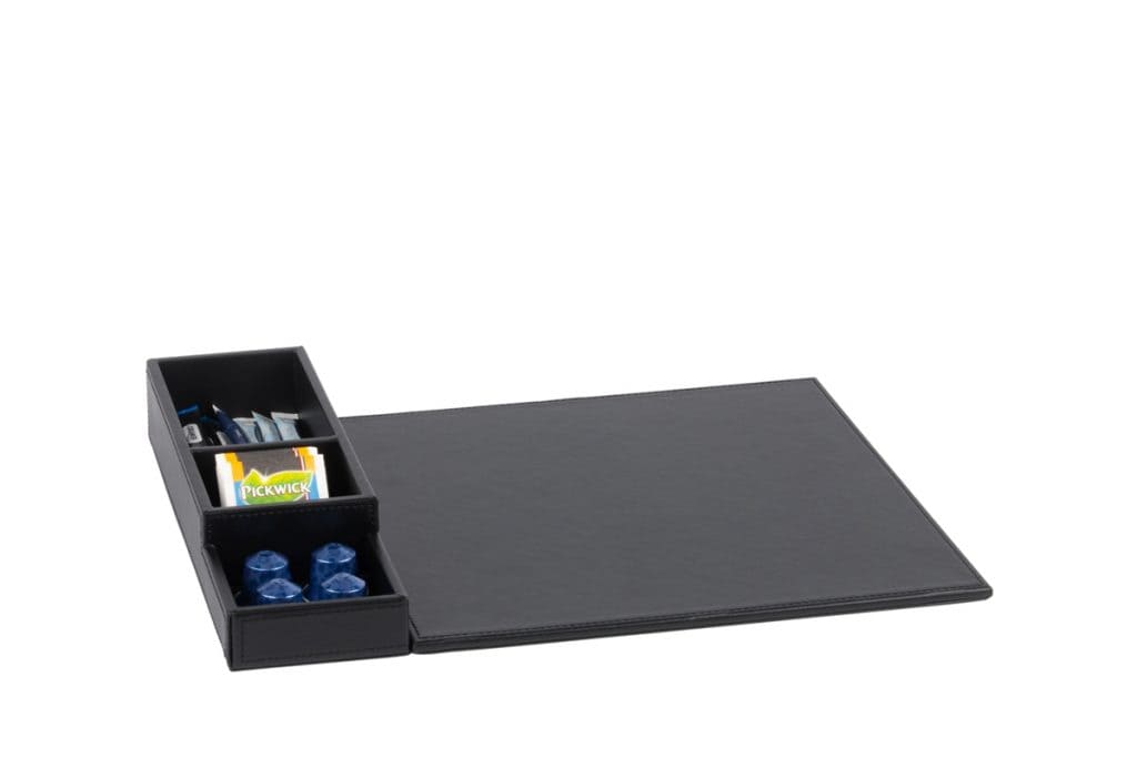 Black faux leather welcome tray with space for a kettle and coffee machine for hotels
