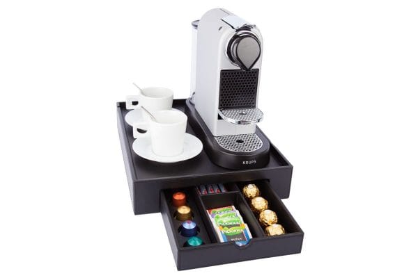 Leather coffee and tea tray with hotel coffee machine and coffee cups
