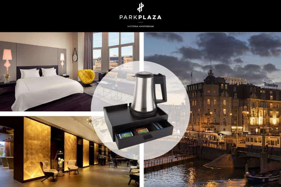 Black coffee tray made of beech veneer at Park Plaza Victoria Amsterdam, the Netherlands