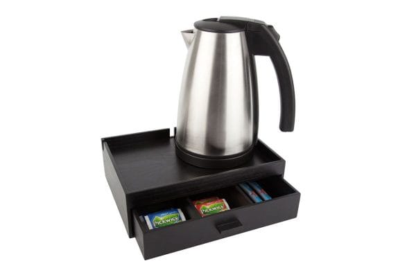 Compact hospitality tray of black brown beech veneer with 1L hotel kettle and drawer to store coffee and tea ingredients