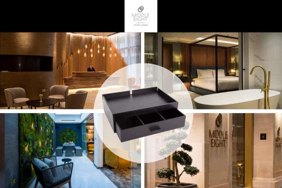 Courtesy tray for coffee and tea amenities at Middle Eight Hotel London