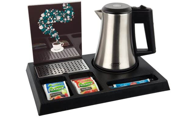 Black ABS hospitality tray with half a litre kettle and leaflet holder