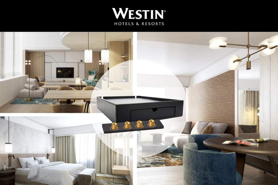 Customized hospitality tray of black leather at Westin Frankfurt