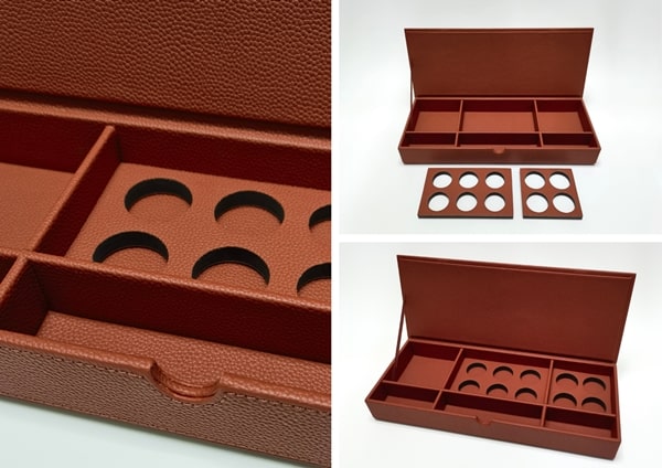 Box for coffee and tea ingredients made of brown faux leather