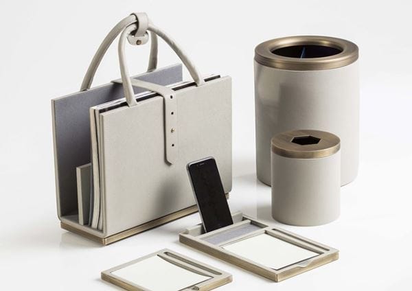 Faux leather hotel room accessories in white / creme colour