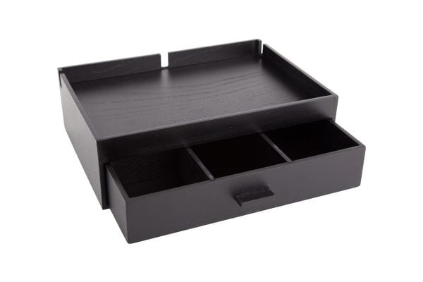 Wooden hospitality tray with drawer for hotel rooms