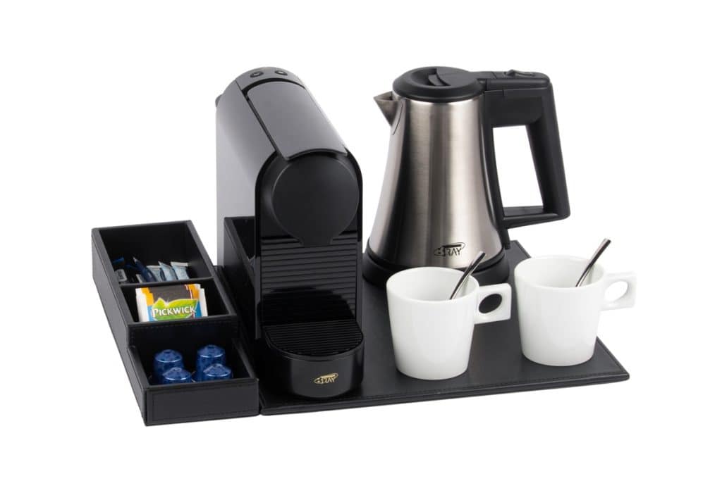 Budget leather welcome tray with capsule coffee machine, kettle and 2 white cappuccino cups
