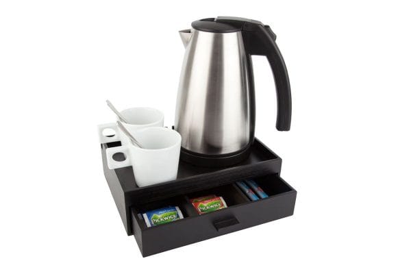 Hospitality tray B-TRAY SMART with large hotel kettle and white coffee cups