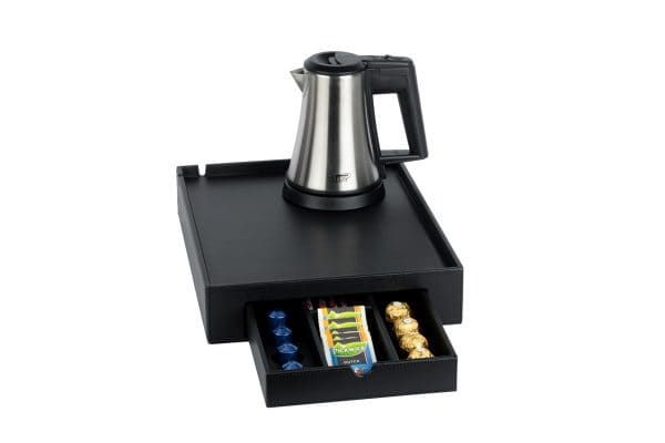 Faux leather hospitality tray with drawer for condiments with hotel water kettle