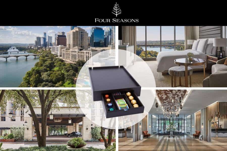 Black PU leather hospitality tray at Four Seasons Austin