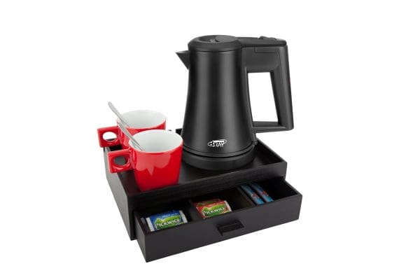 Compact hospitality tray with black hotel kettle of 0.5 litre and red hotel porcelain cups