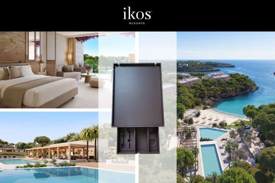 Custom hospitality tray of faux leather in black colour specially made for Ikos Porto Petro