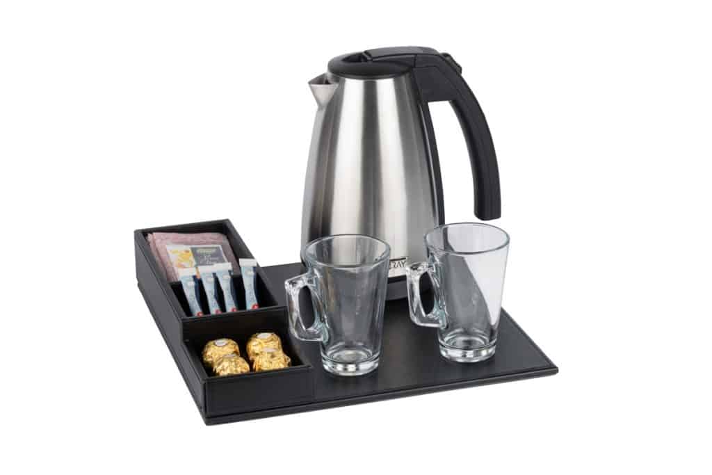 Faux leather welcome tray with tea glasses and kettle ultra compact design