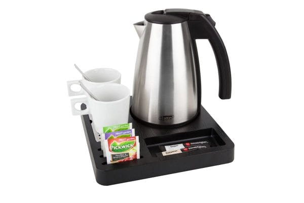 Compact tea tray with 1 litre kettle and white coffee/tea cups