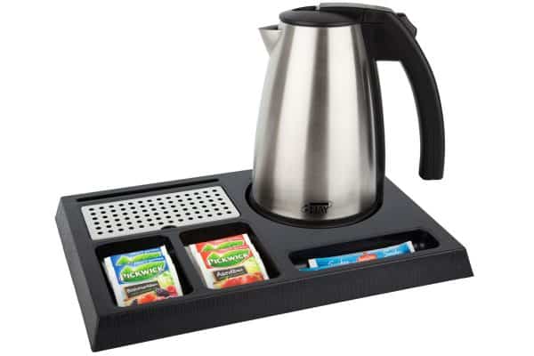 Black ABS hospitality tray with large 1 litre hotel kettle and sleeve to place a A5 leaflet holder