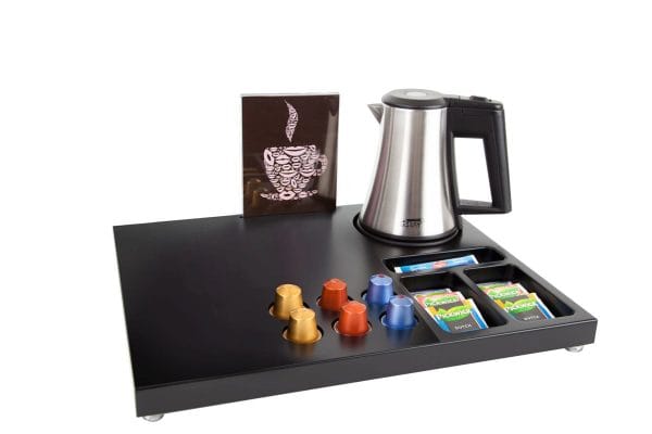 Hotel coffee and tea tray with eco-friendly kettle and A5 leaflet holder for hotel rooms