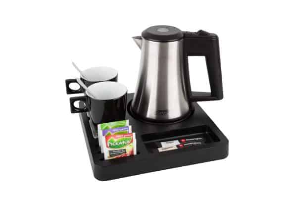 Black compact tea tray complete with half a litre hotel kettle and black cups