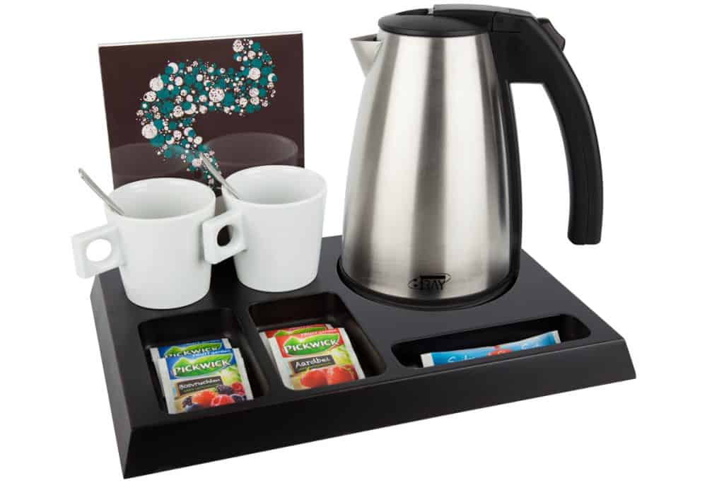 Wooden welcome tray set with 1 litre kettle, brochure holder and 2 white coffee and tea cups