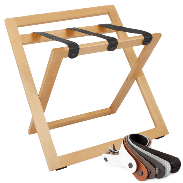 Luggagerack of natural beech with three black nylon straps with on the ground a set with different types of straps