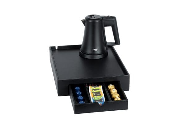 Courtesy tray of faux leather in black colour with drawer and black hotel water kettle