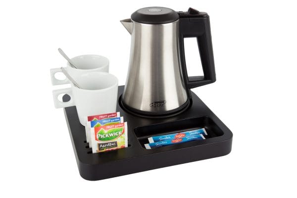 Hotel tray of black MDF with kettle and white cups