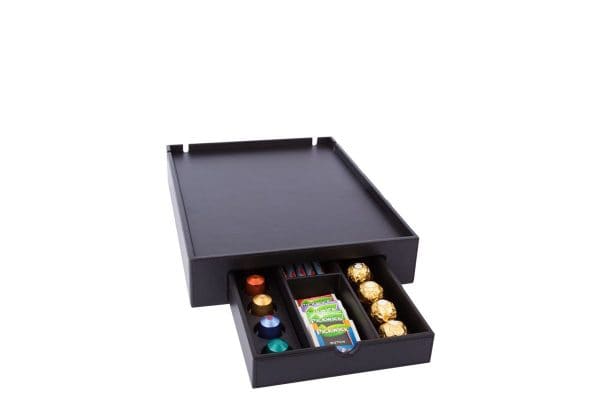 Leather hotel coffee and tea tray with drawer to store coffee and tea ingredients