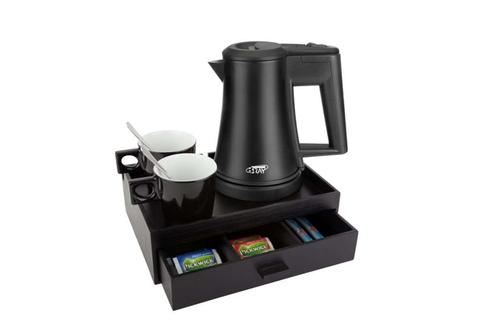 Compact coffee and tea tray with black hotel kettle and black coffee / tea cups