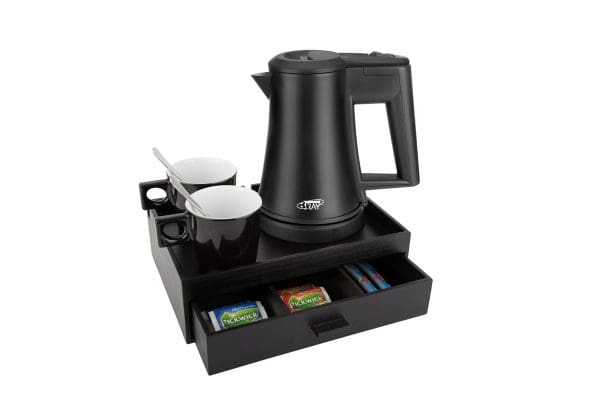 Compact coffee and tea tray with black hotel kettle and black coffee / tea cups