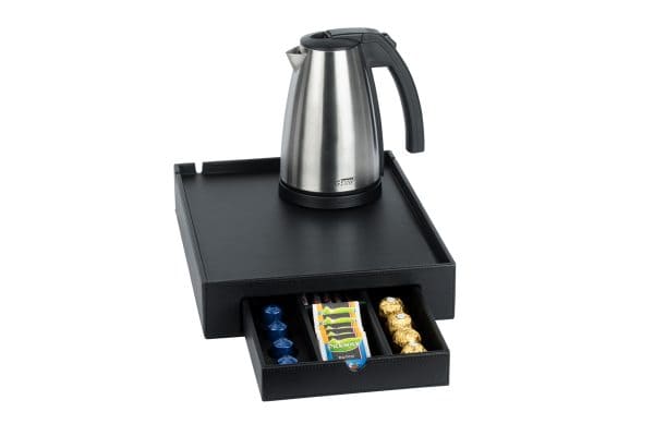 Leather welcome tray with 1 liter hotel water kettle of brushed stainless steel
