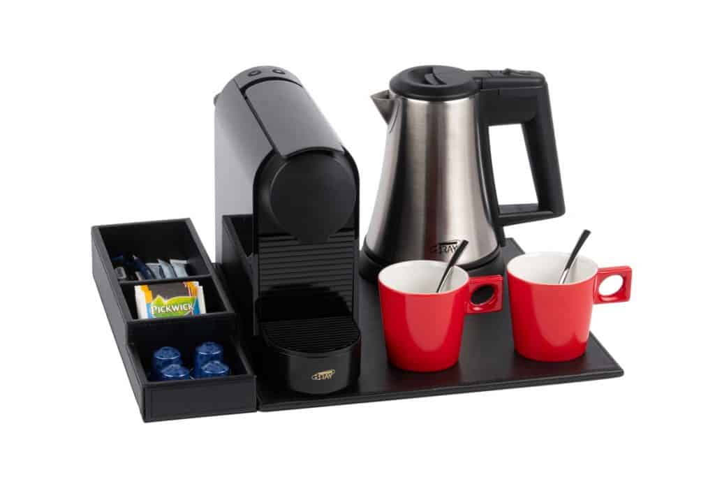 Black PU leather hospitality tray with black coffee machine, red cups and stainless steel kettle of 0.5 litre