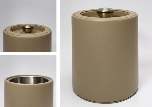 Leather ice bucket for hotel room in a special taupe colour