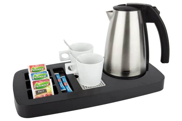 Hospitality tray for hotels with stainless steel 1 litre kettle and white hotel porcelain cups