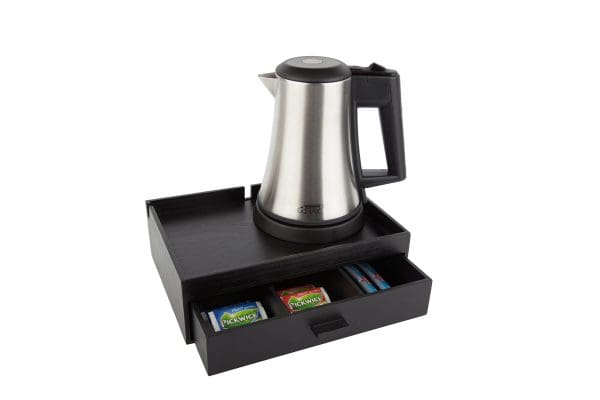 Ultra compact hospitality tray with drawer with on top a stainless steel kettle of 0.5 litre
