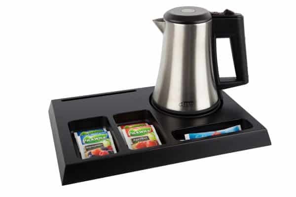 Wooden welcome tray in black wood with 0.5 litre hotel room kettle and space for coffee cups
