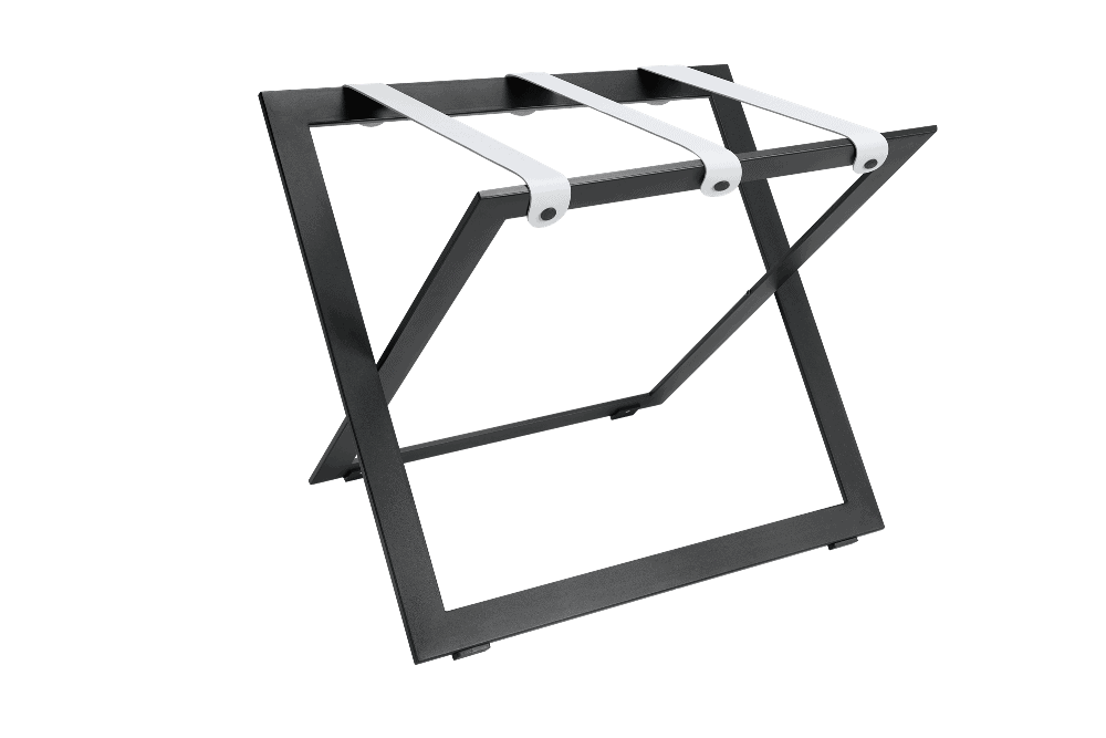 Black steel luggage rack with 3 white leather nylon straps to carry a suitcase in a hotel room