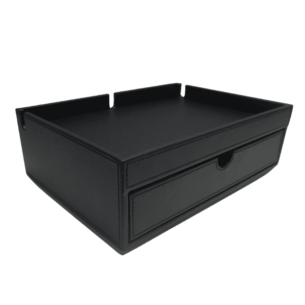 Black leather welcome tray with drawer