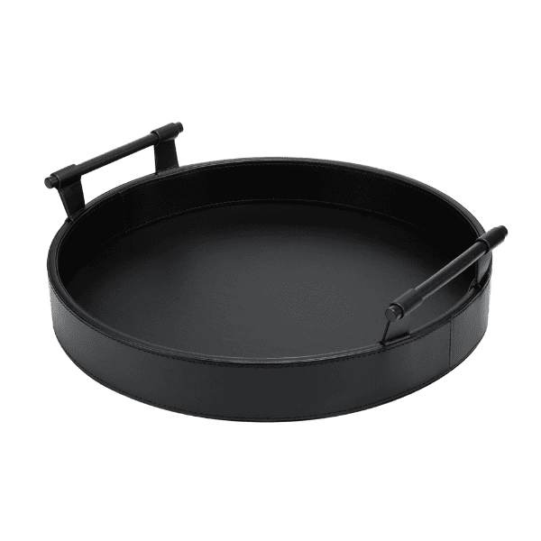 Round leather serving tray in black for hotels