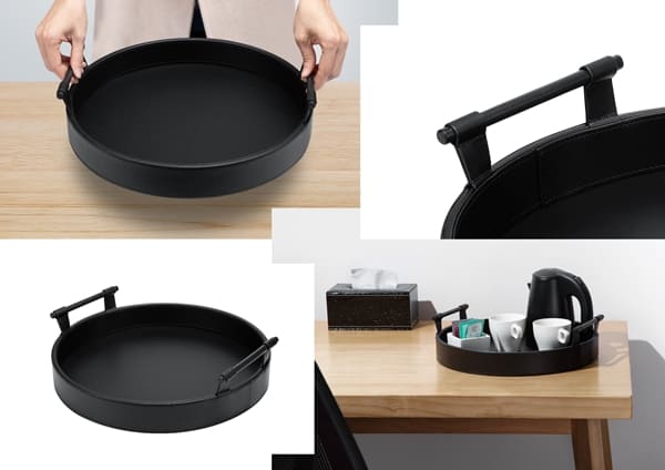 Black round hotel serving tray with handles