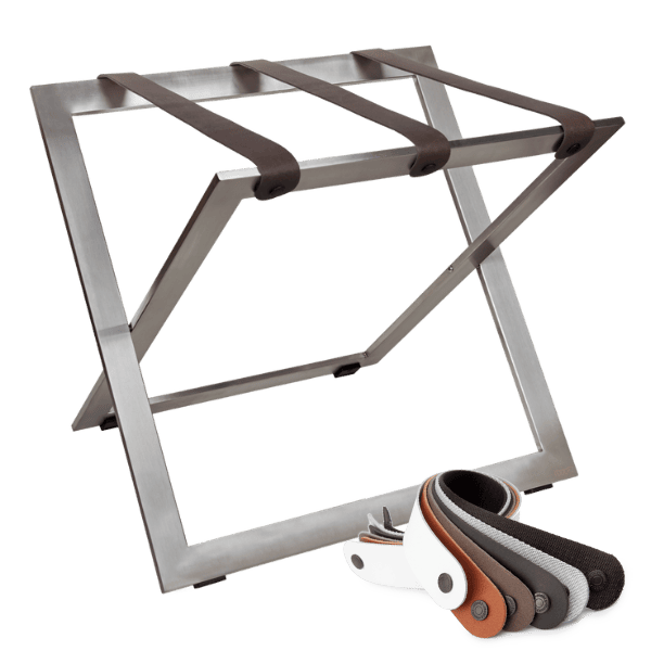 Stainless steel luggage holder for hotels with three grey leather straps