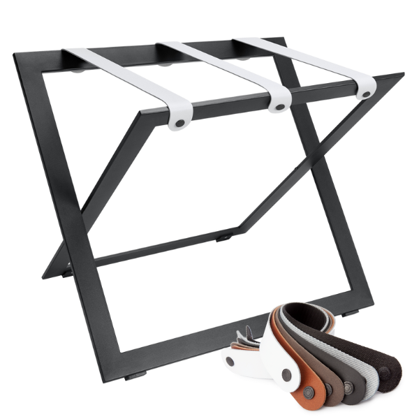 Black steel luggage rack with three white leather straps