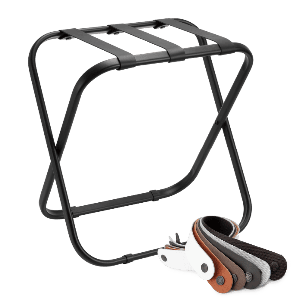 Luggage rack of matt black steel with three black straps for hotel usage