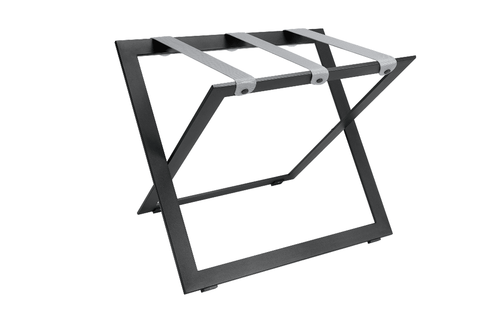 Black steel luggage rack with 3 grey nylon straps to carry a suitcase in a hotel room